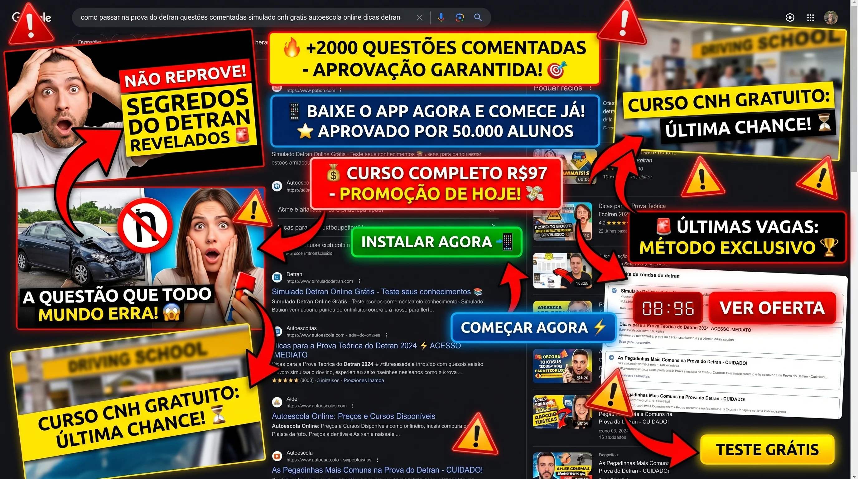 Mosaico confuso de thumbnails do YouTube representando a desinformação e dicas contraditórias que prejudicam candidatos à CNH
